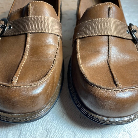 Clarks Womens Brown Leather Slip On Loafers With nylon Buckle Strap Shoes - Picture 2 of 16